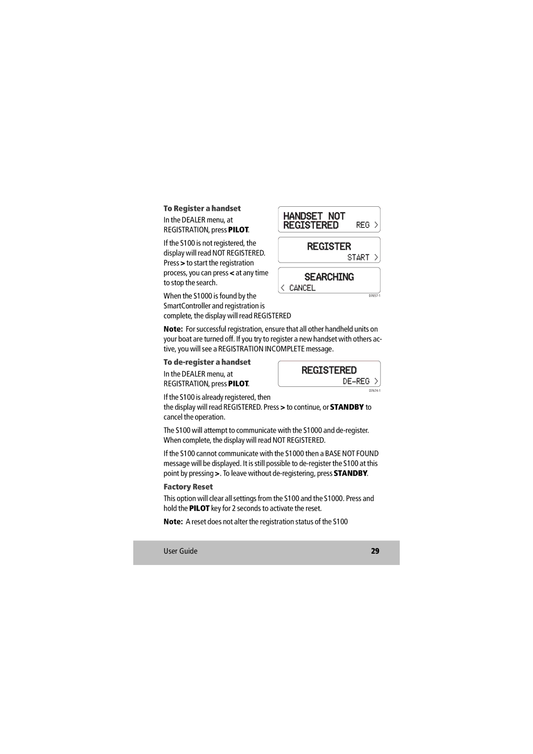 Raymarine D7637-1 manual To Register a handset, To de-register a handset, Factory Reset 