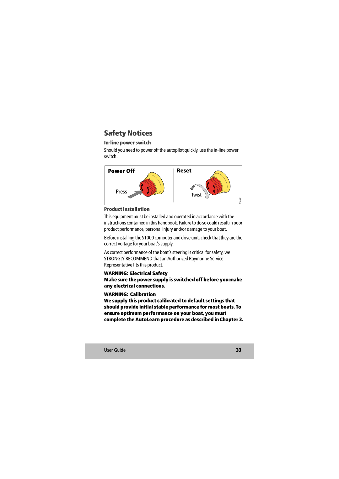 Raymarine D7637-1 manual Safety Notices, In-line power switch, Product installation 