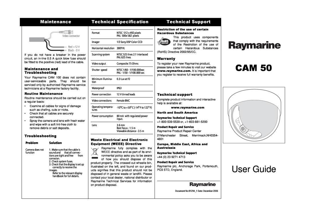 Raymarine E03017 Technical Specification, Maintenance and Troubleshooting, Warranty, Technical support, User Guide 