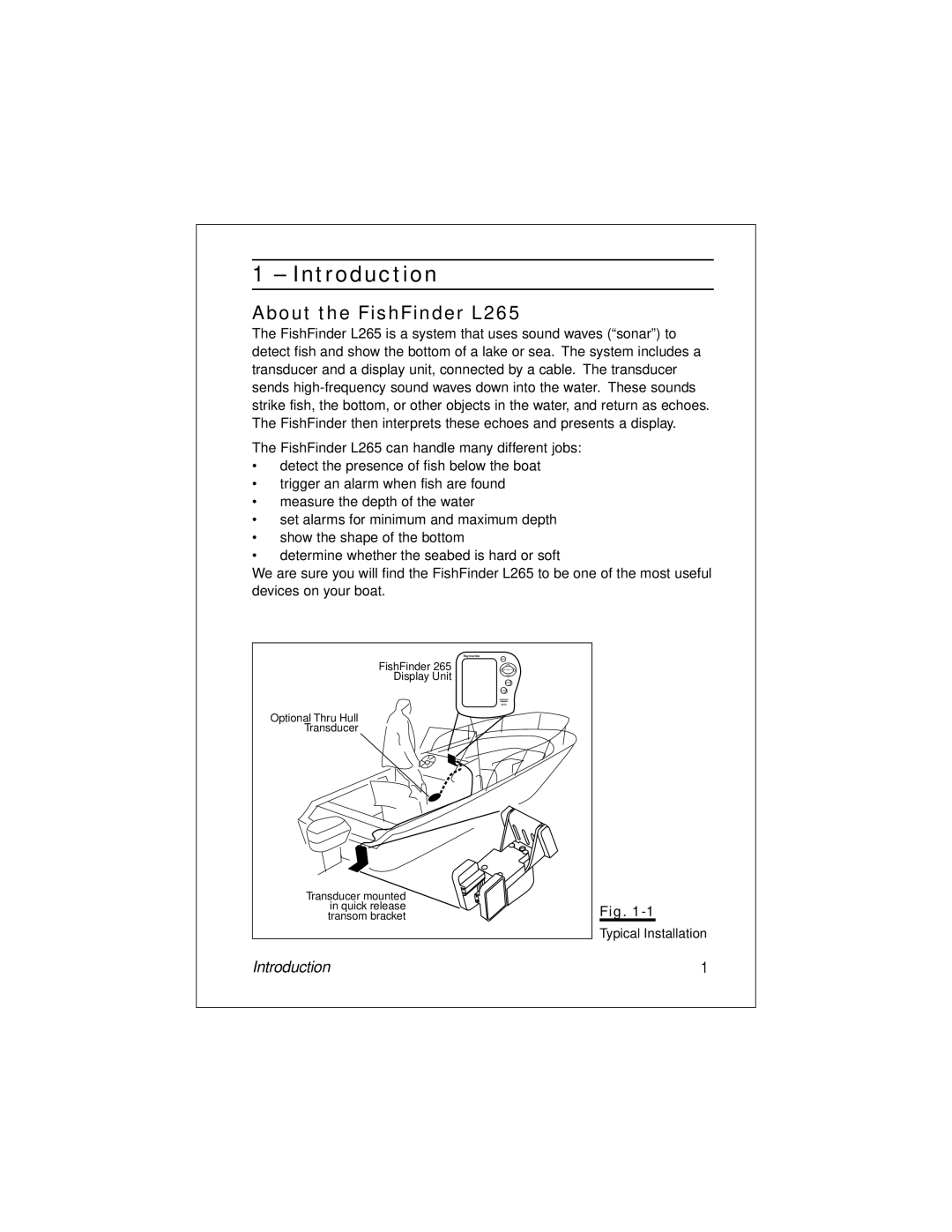 Raymarine manual Introduction, About the FishFinder L265 