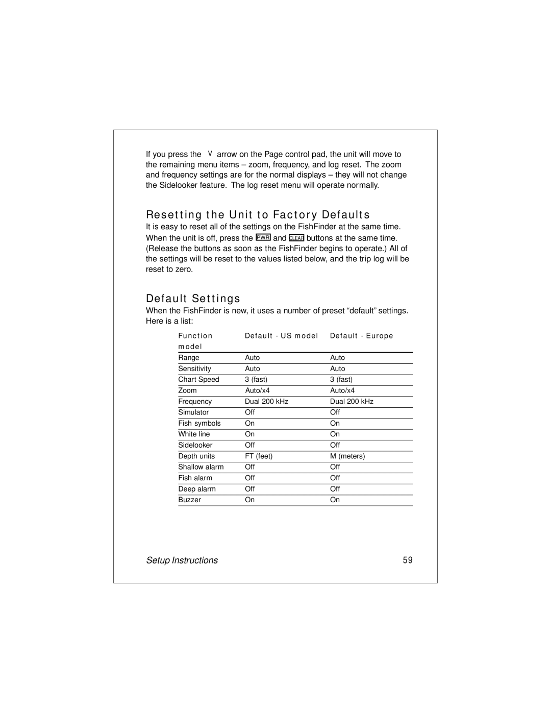 Raymarine L265 manual Resetting the Unit to Factory Defaults, Default Settings, If you press 