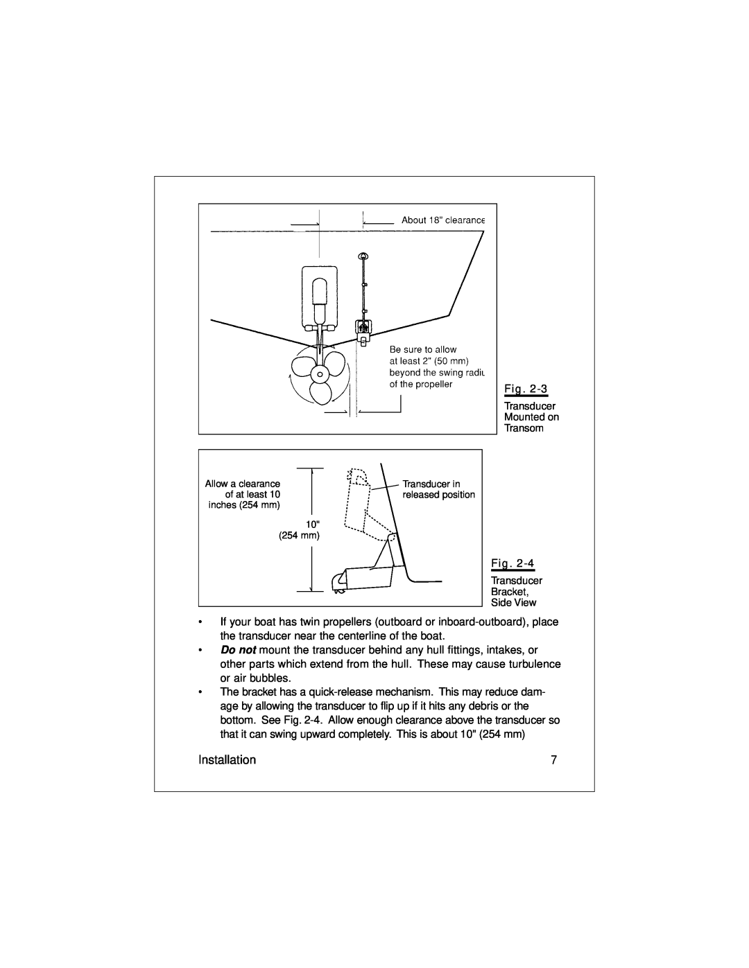 Raymarine L470 Installation, Transducer Mounted on Transom, Transducer Bracket Side View, Transducer in released position 