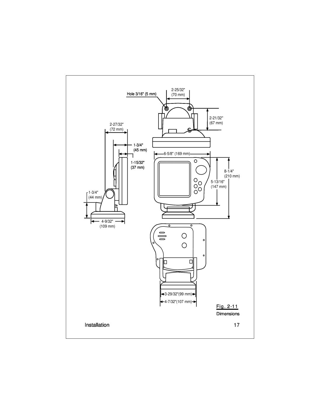 Raymarine L470 instruction manual Installation, Dimensions, 2-25/32, 70 mm, 210 mm, 3-29/3299 mm, 4-7/32107 mm 