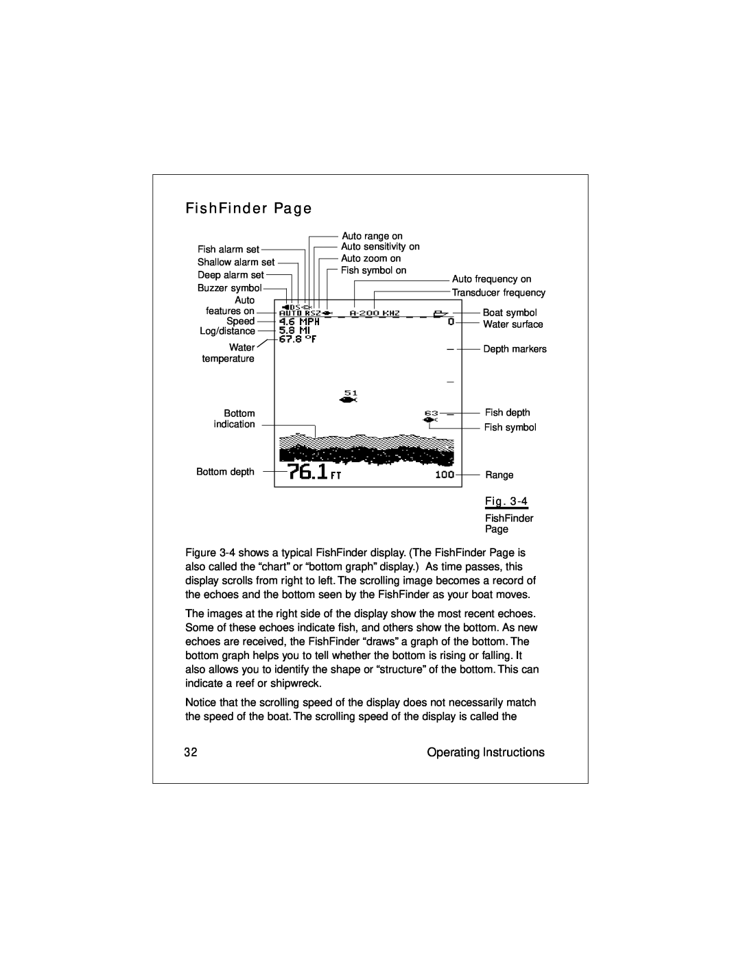 Raymarine L470 FishFinder Page, Operating Instructions, Shallow alarm set, Auto frequency on Transducer frequency 