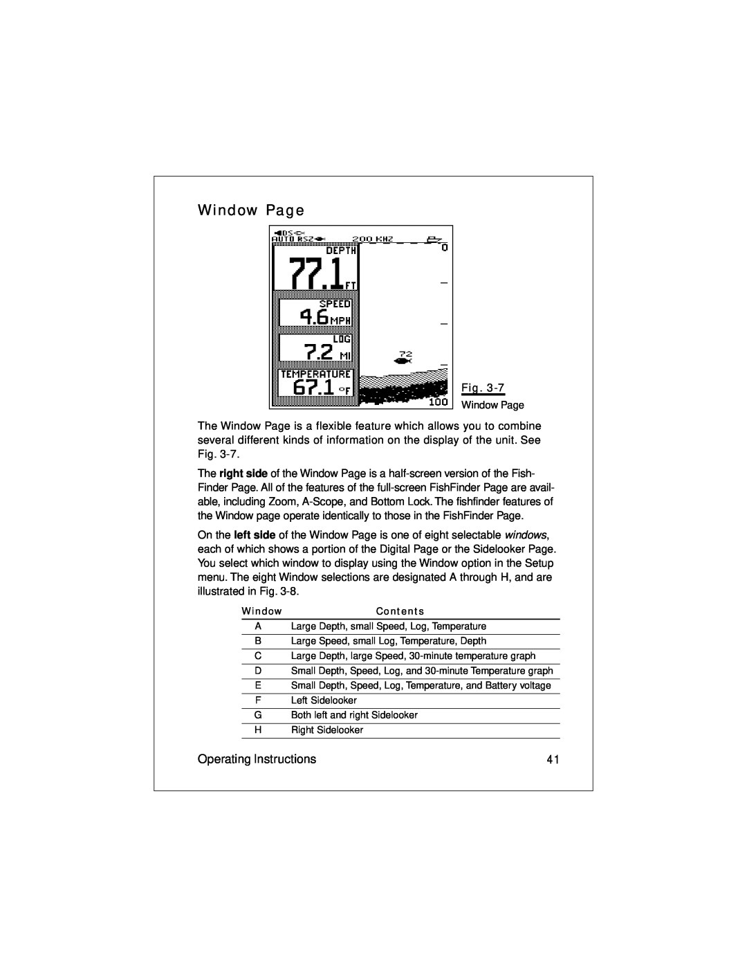 Raymarine L470 instruction manual Window Page, Operating Instructions, WindowContents 