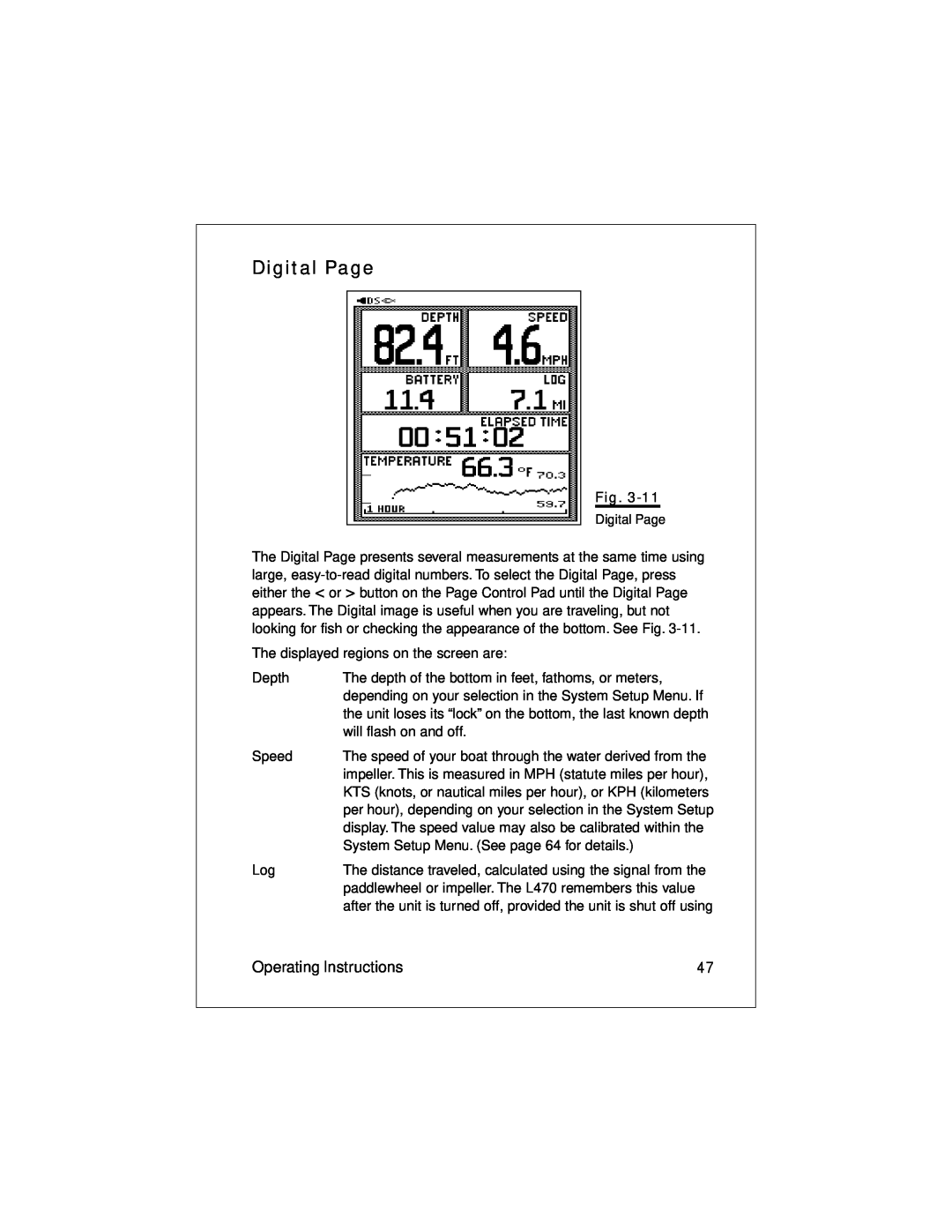 Raymarine L470 instruction manual Digital Page, Operating Instructions 