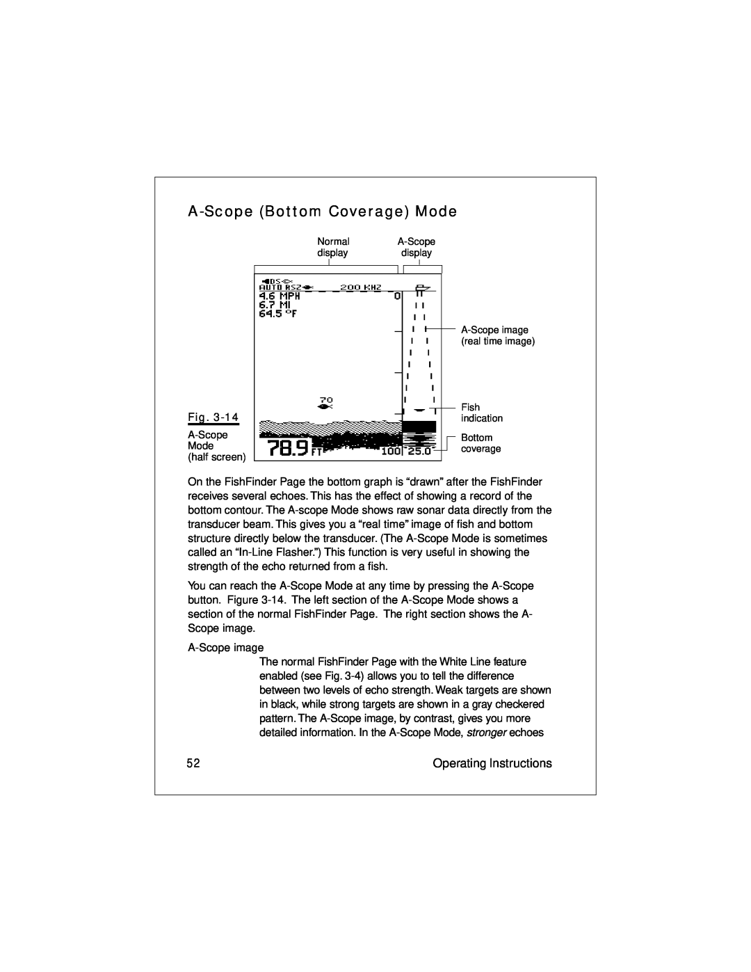 Raymarine L470 instruction manual A-Scope Bottom Coverage Mode, Operating Instructions 
