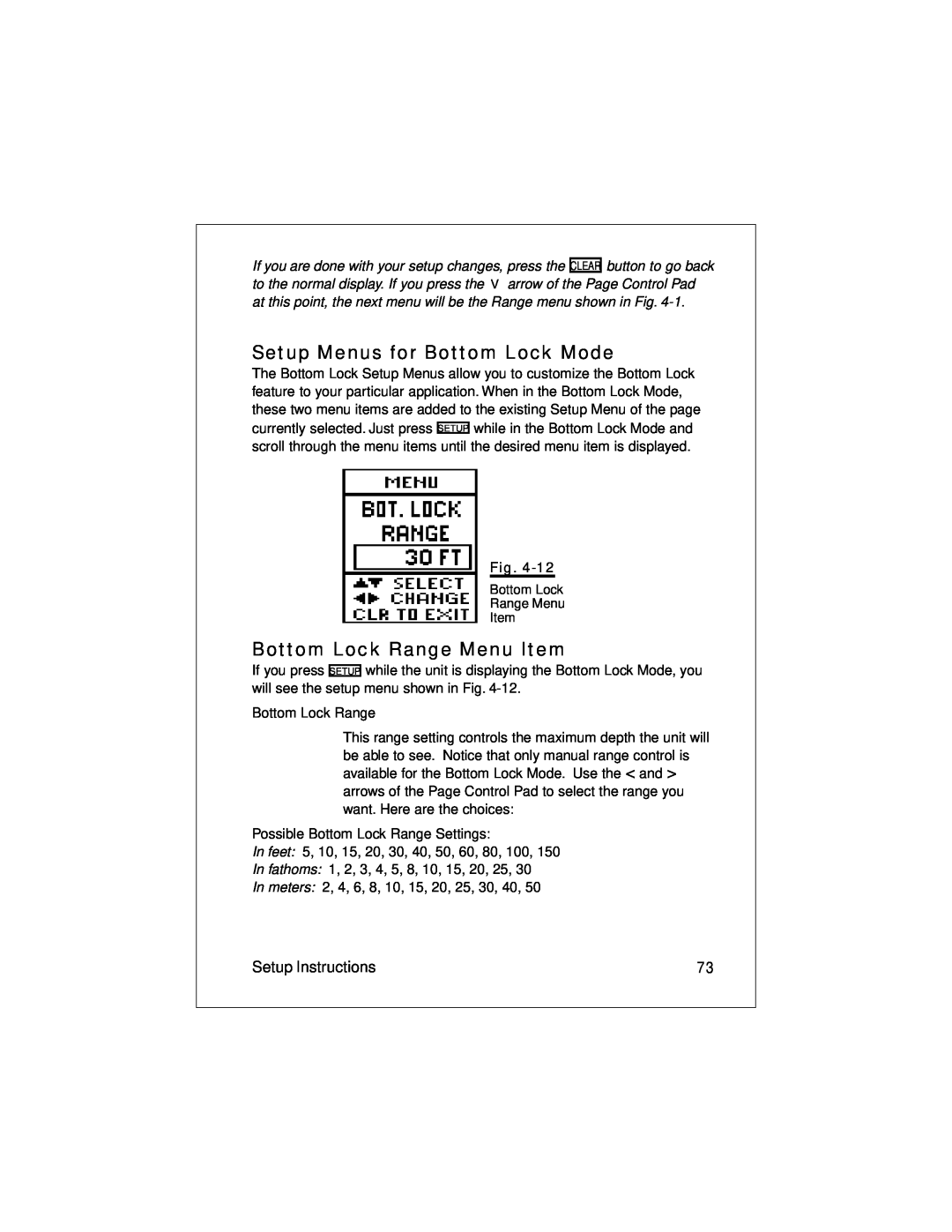 Raymarine L470 instruction manual Setup Menus for Bottom Lock Mode, Bottom Lock Range Menu Item, Setup Instructions 