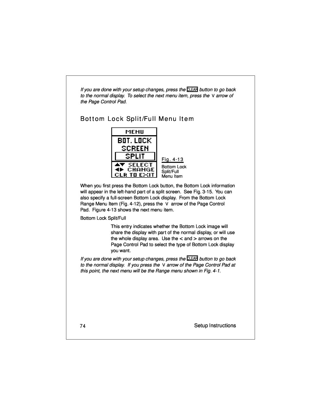 Raymarine L470 instruction manual Bottom Lock Split/Full Menu Item, Setup Instructions 