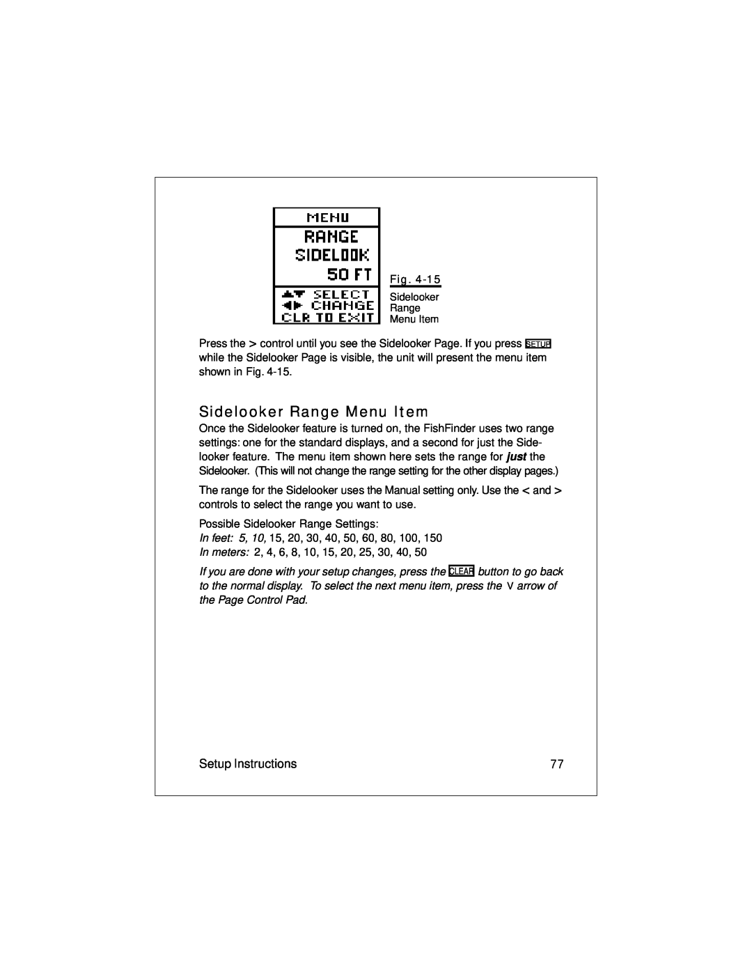 Raymarine L470 instruction manual Sidelooker Range Menu Item, Setup Instructions 