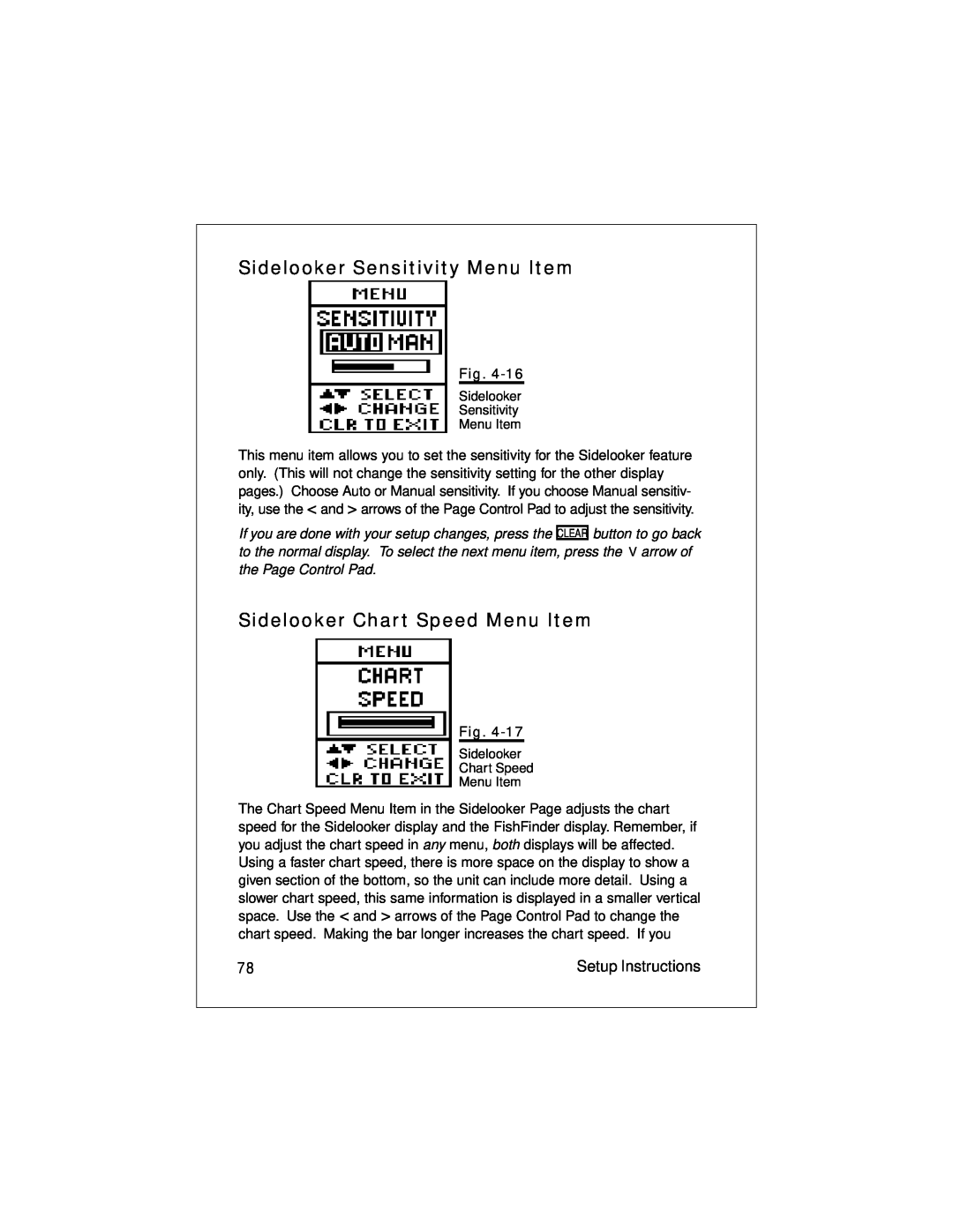Raymarine L470 instruction manual Sidelooker Sensitivity Menu Item, Sidelooker Chart Speed Menu Item, Setup Instructions 