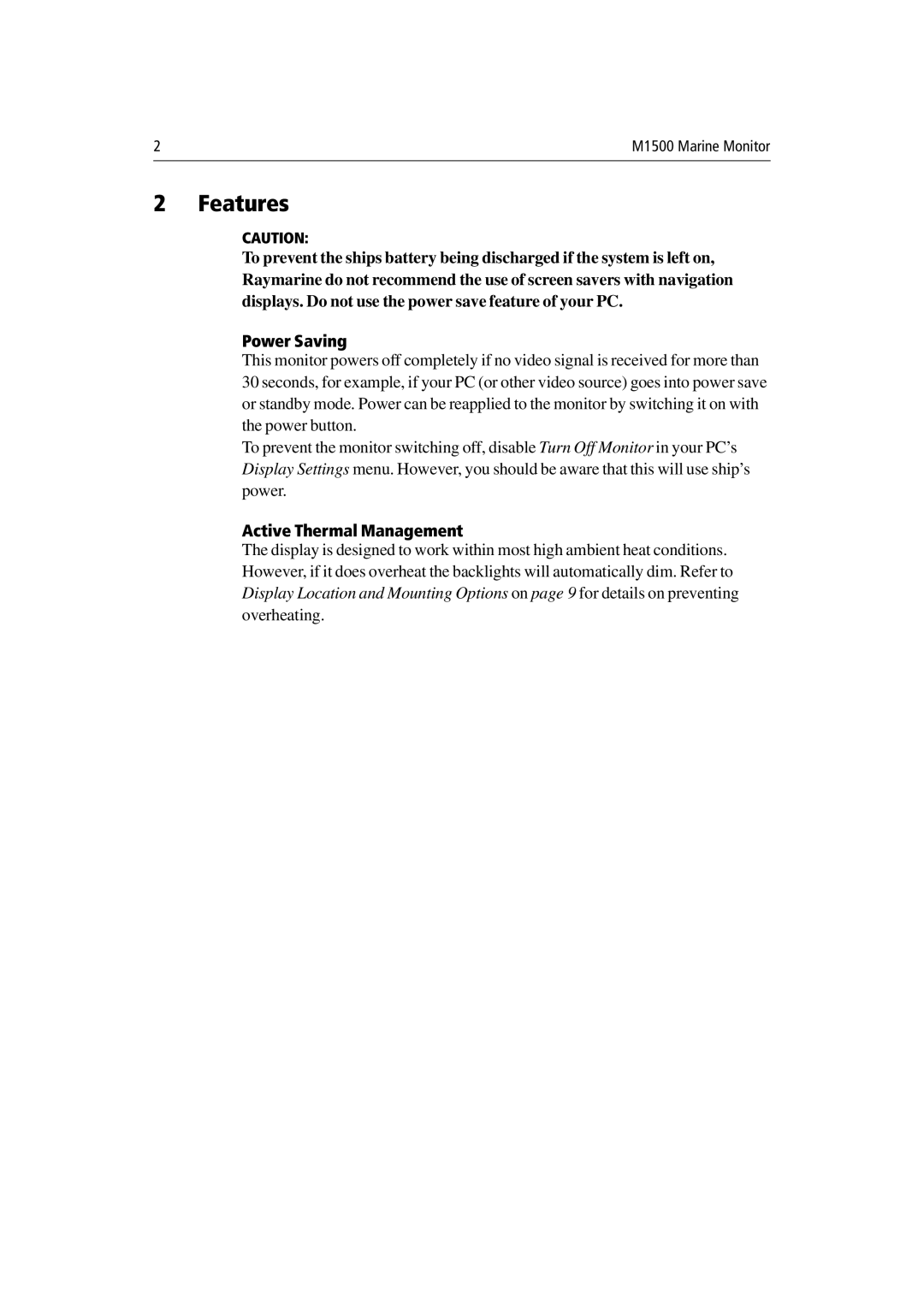 Raymarine M1500 manual Features, Power Saving, Active Thermal Management 