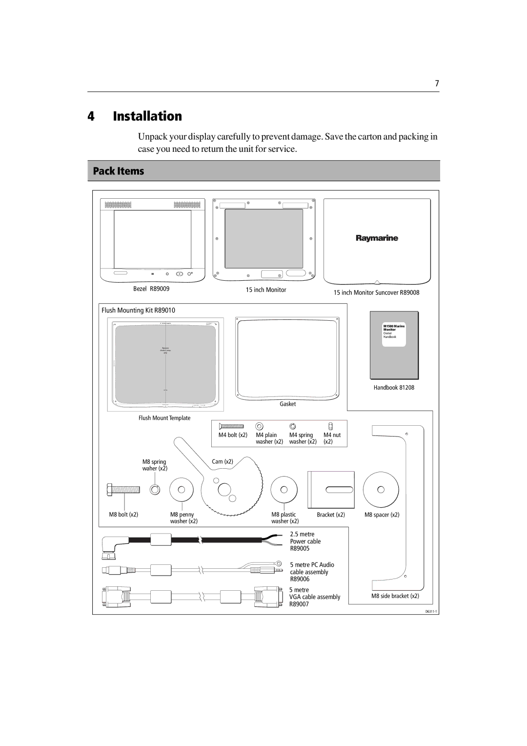 Raymarine M1500 manual Installation, Pack Items 