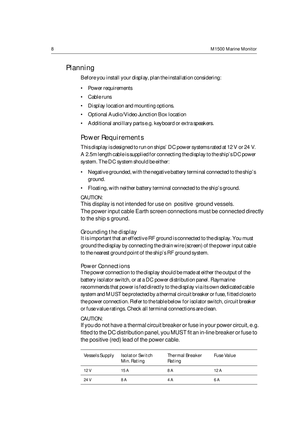 Raymarine M1500 manual Planning, Power Requirements, Grounding the display, Power Connections 