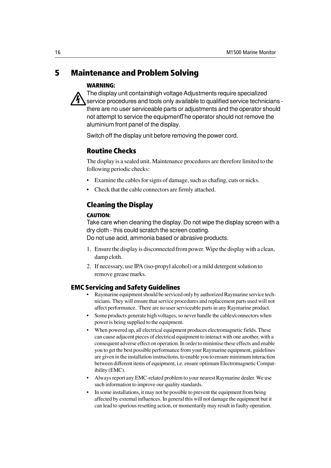 Raymarine M1500 Maintenance and Problem Solving, Routine Checks, Cleaning the Display, EMC Servicing and Safety Guidelines 