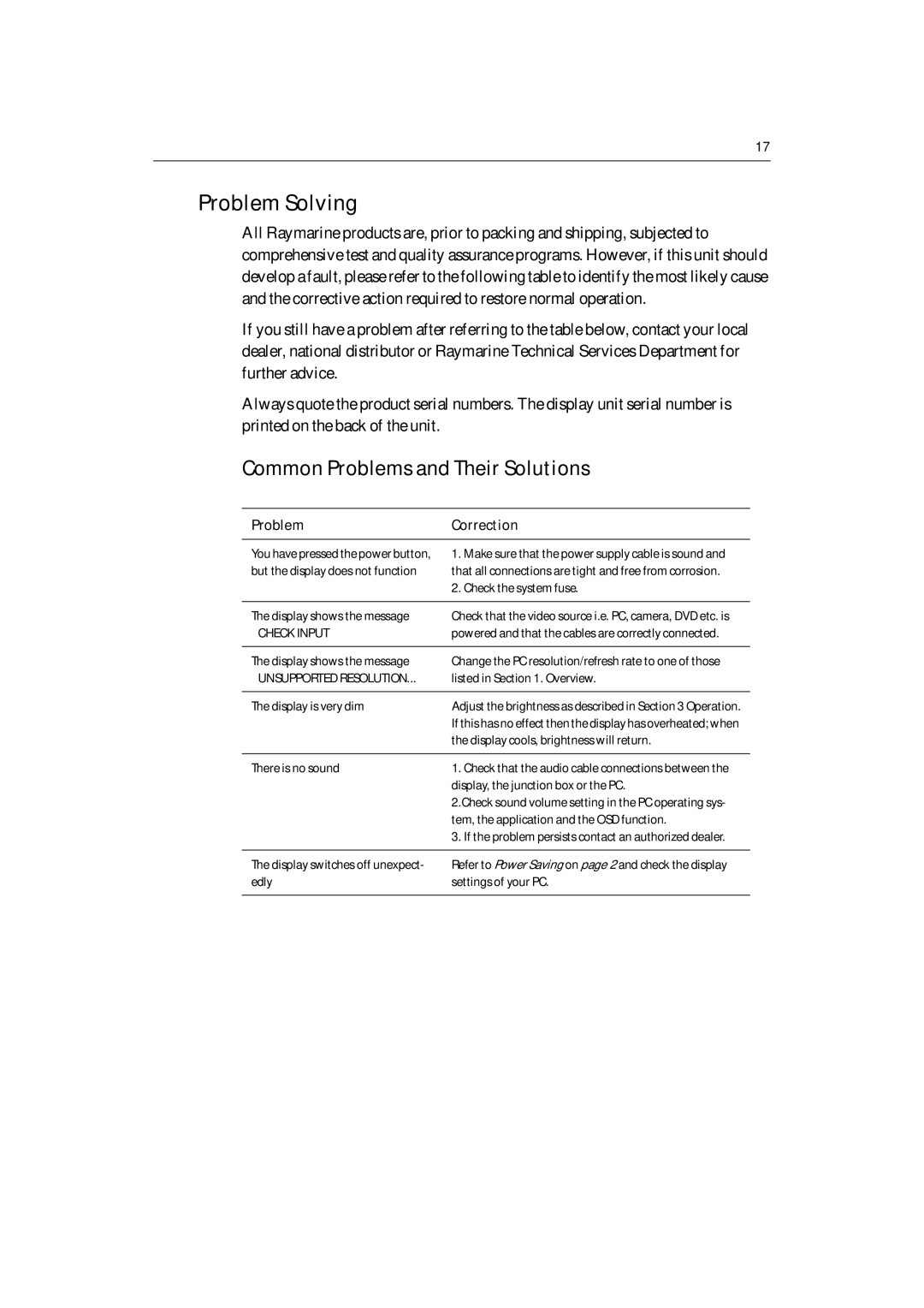 Raymarine M1500 manual Problem Solving, Common Problems and Their Solutions, Problem Correction 