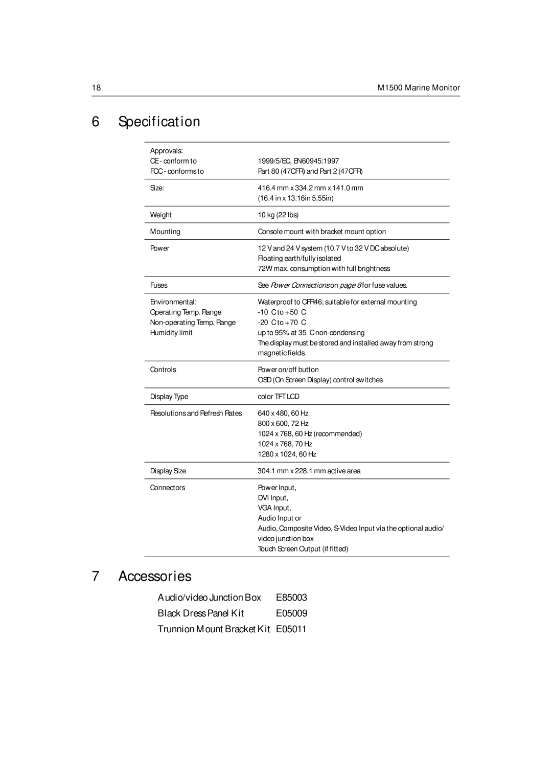 Raymarine M1500 manual Specification, Accessories 