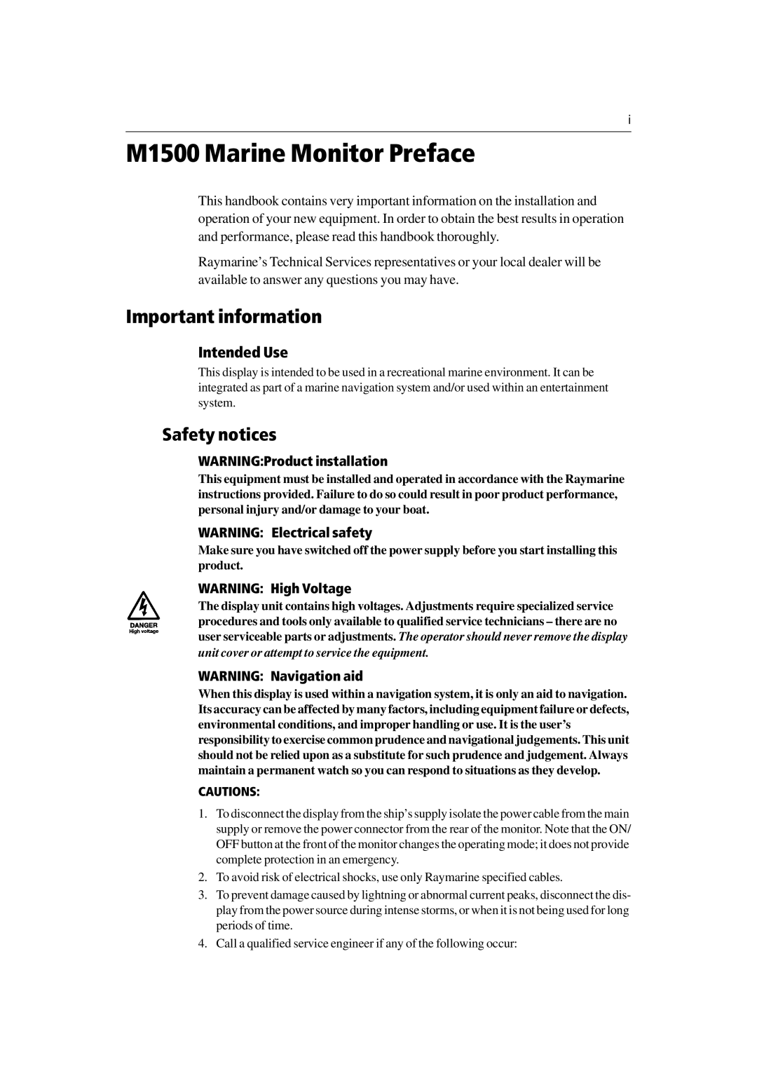 Raymarine M1500 manual Important information, Safety notices, Intended Use 