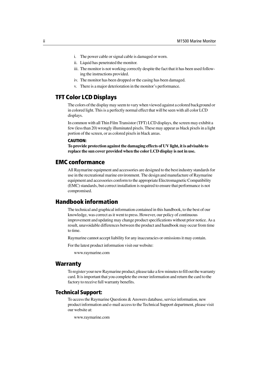 Raymarine M1500 manual TFT Color LCD Displays, EMC conformance, Handbook information, Warranty, Technical Support 