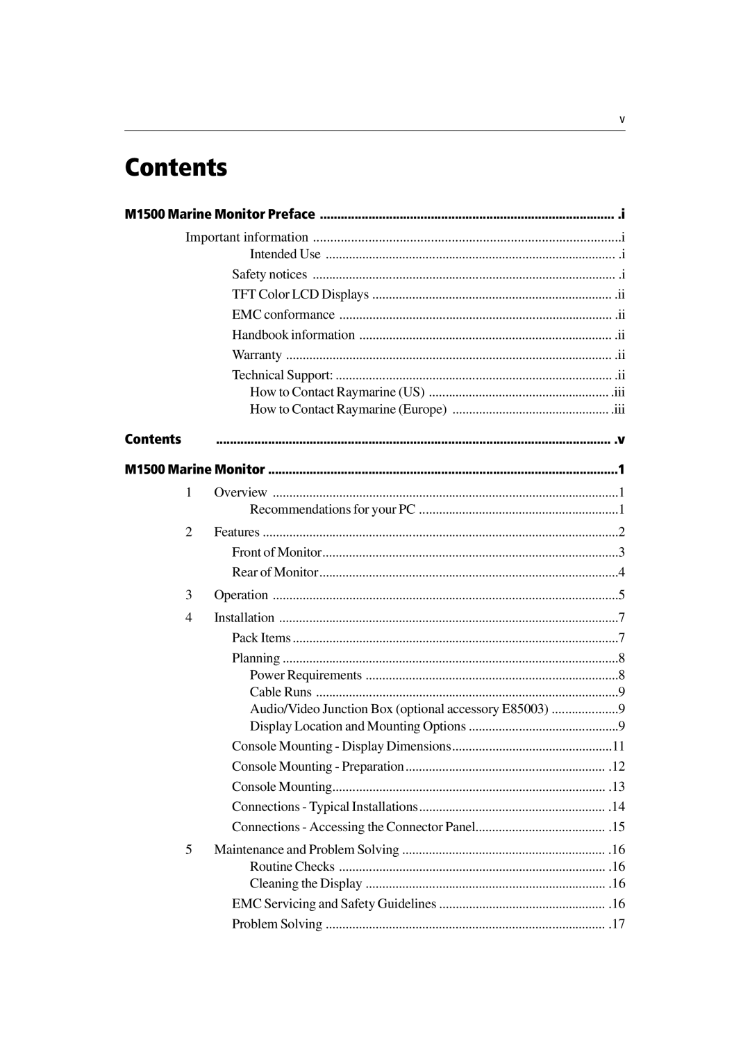 Raymarine M1500 manual Contents 