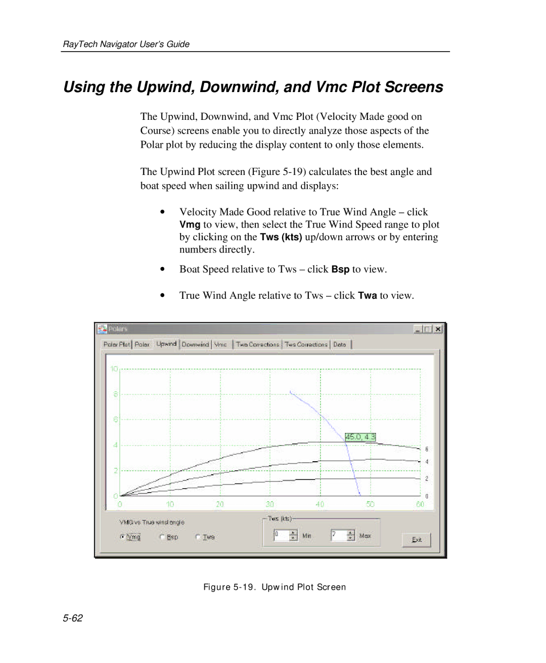 Raymarine Marine GPS System manual Using the Upwind, Downwind, and Vmc Plot Screens, Upwind Plot Screen 