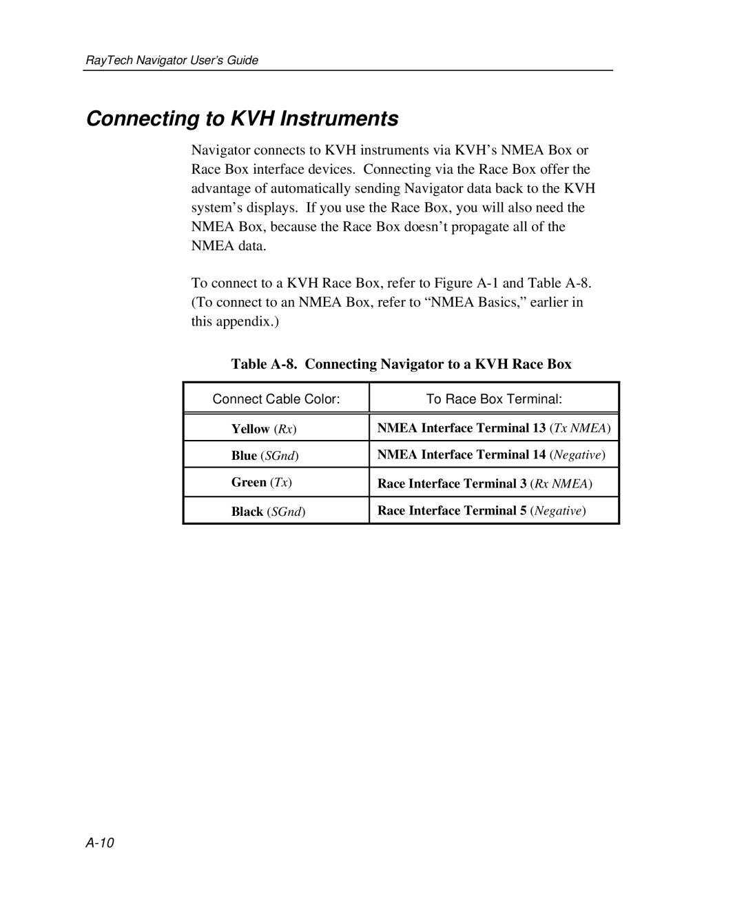 Raymarine Marine GPS System manual Connecting to KVH Instruments, Table A-8. Connecting Navigator to a KVH Race Box 