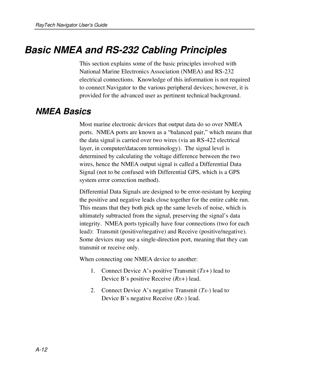 Raymarine Marine GPS System manual Basic Nmea and RS-232 Cabling Principles, Nmea Basics 