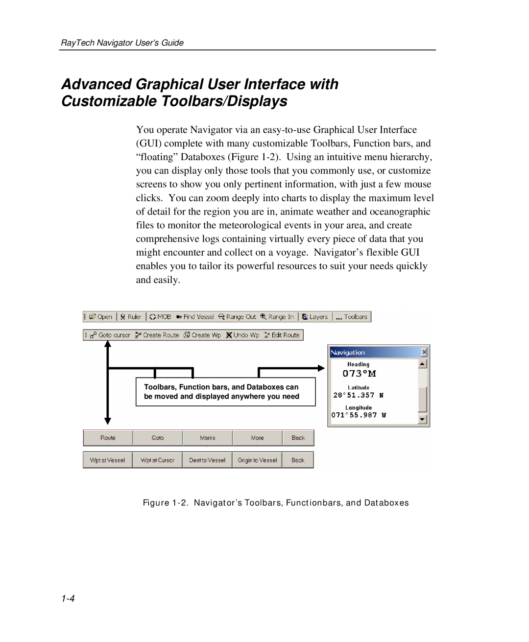 Raymarine Marine GPS System manual Navigator’s Toolbars, Functionbars, and Databoxes 