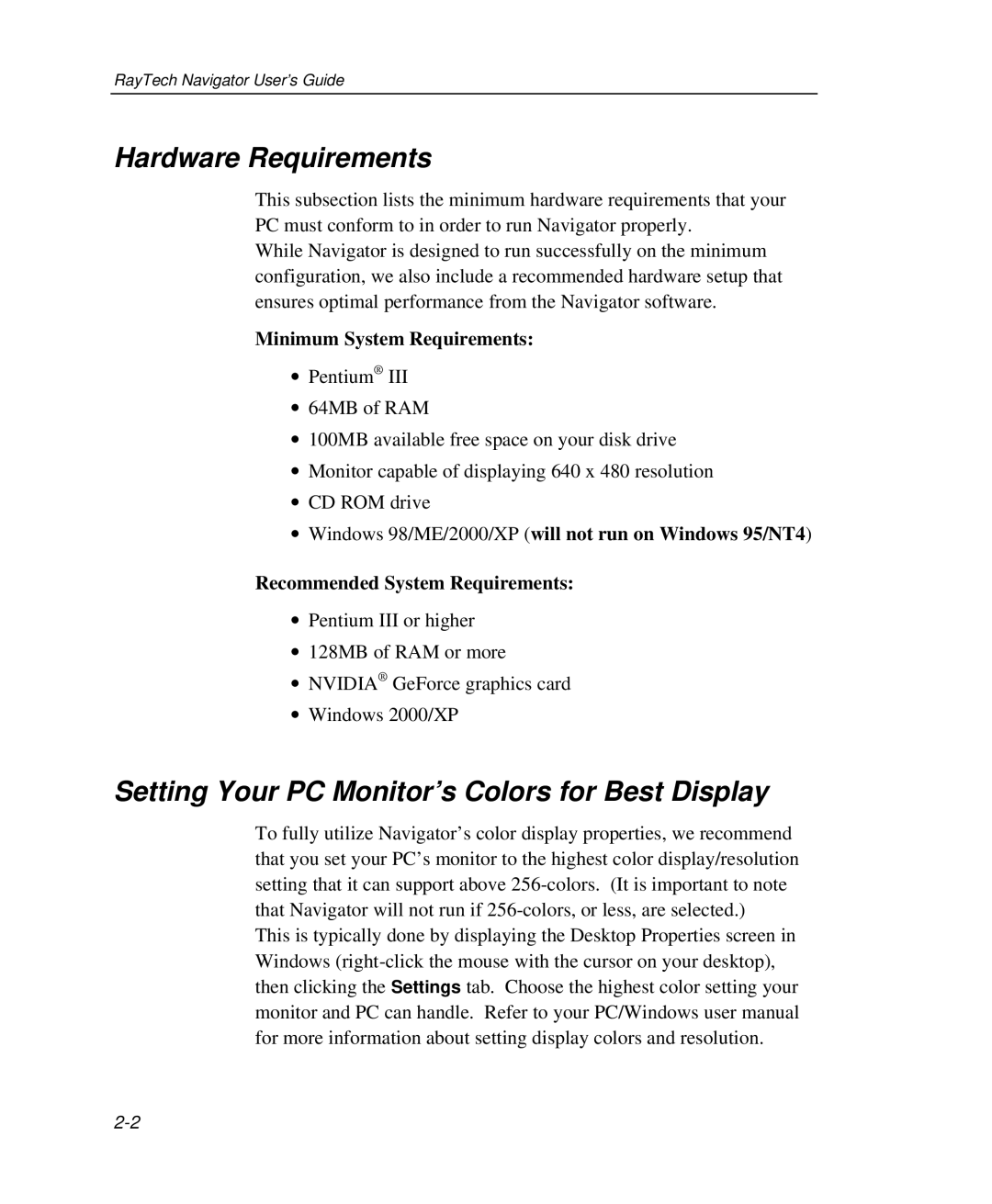 Raymarine Marine GPS System manual Hardware Requirements, Setting Your PC Monitor’s Colors for Best Display 