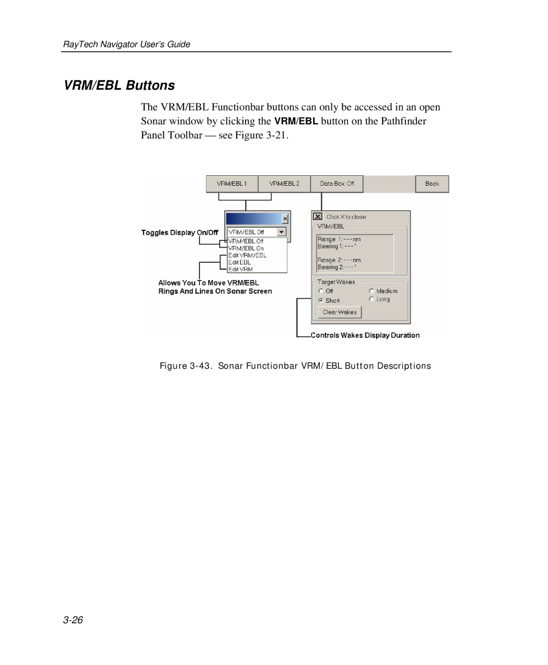 Raymarine Marine GPS System manual Sonar Functionbar VRM/EBL Button Descriptions 