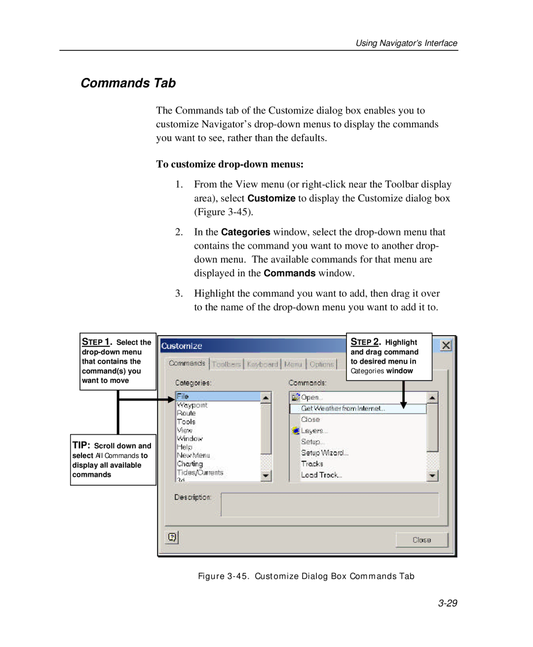 Raymarine Marine GPS System manual Commands Tab, To customize drop-down menus 