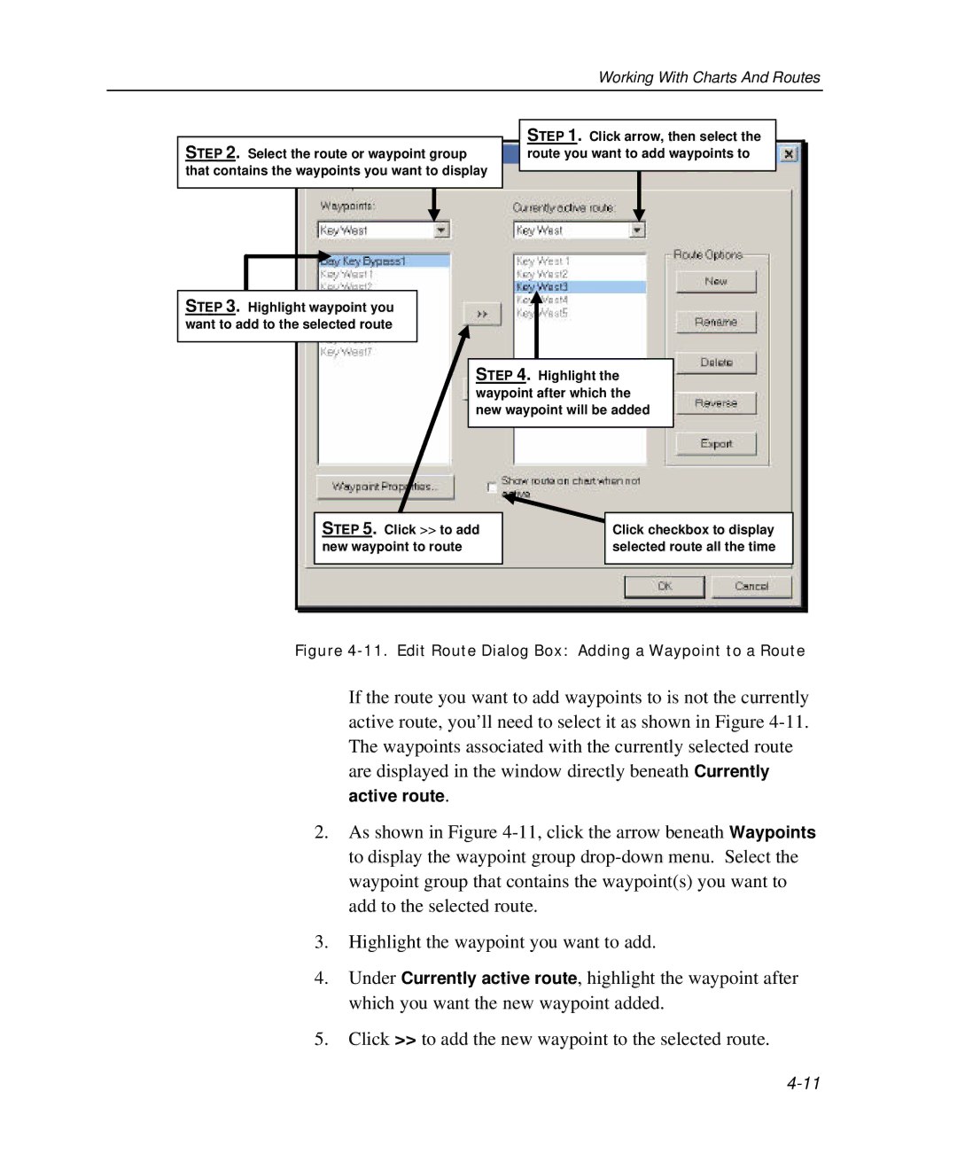 Raymarine Marine GPS System manual Edit Route Dialog Box Adding a Waypoint to a Route 