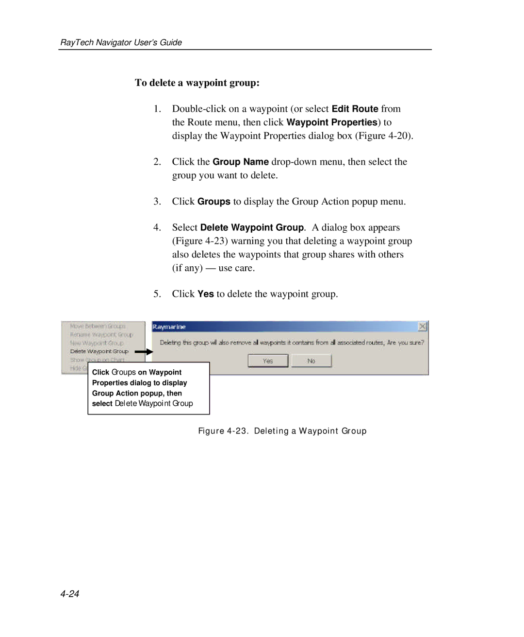 Raymarine Marine GPS System manual To delete a waypoint group, Deleting a Waypoint Group 