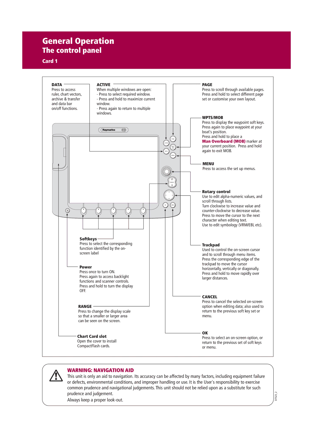 Raymarine Marine RADAR manual General Operation, Control panel, Always keep a proper look-out 