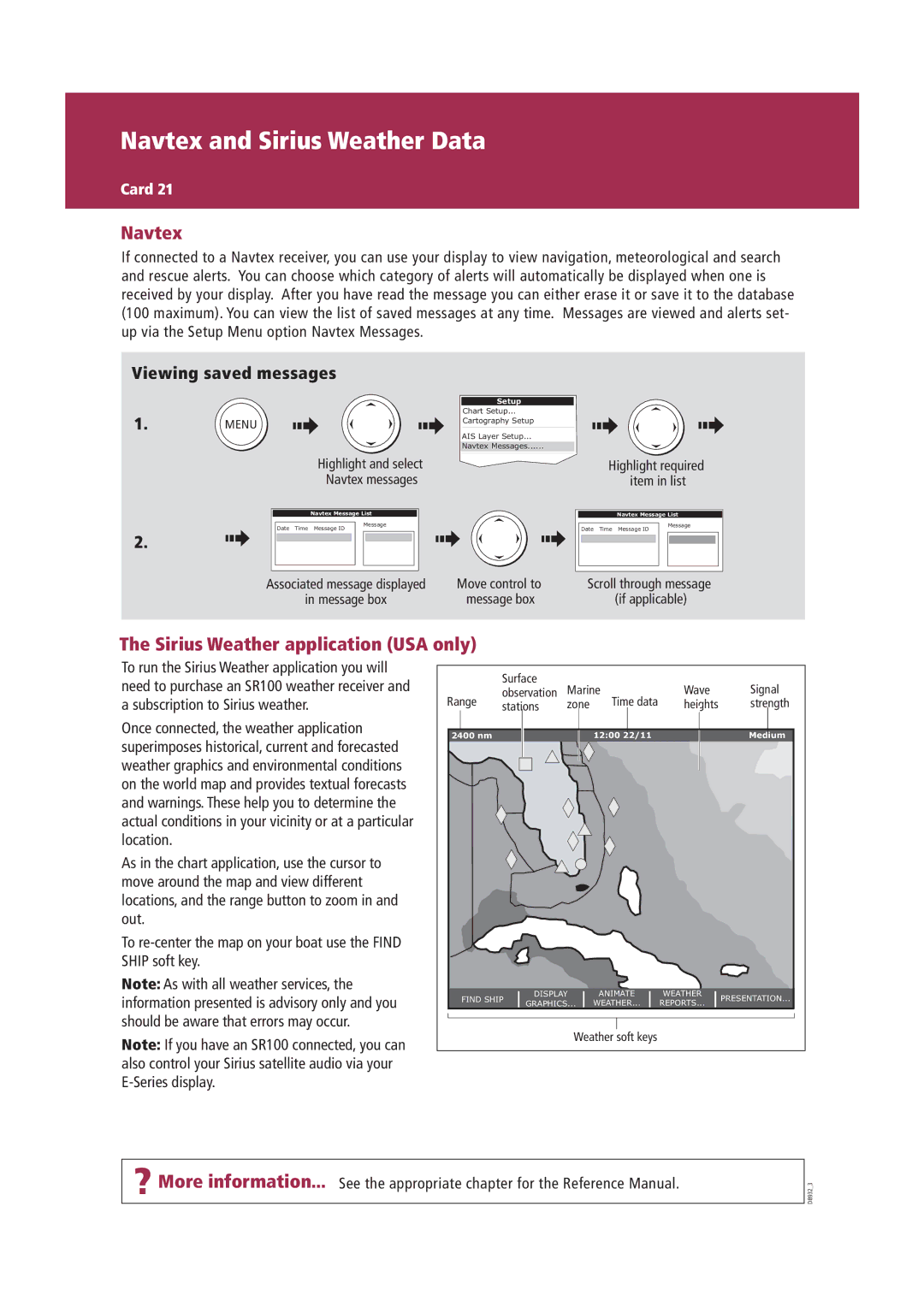 Raymarine Marine RADAR manual Navtex and Sirius Weather Data, Sirius Weather application USA only 