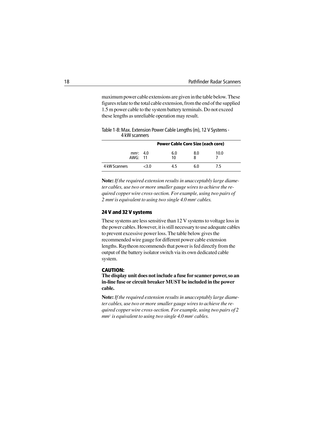 Raymarine Radar Scanner manual V systems, Power Cable Core Size each core 