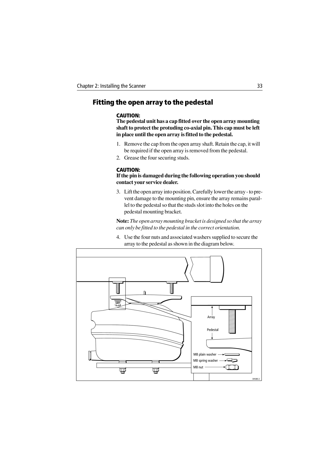 Raymarine Radar Scanner manual Fitting the open array to the pedestal 