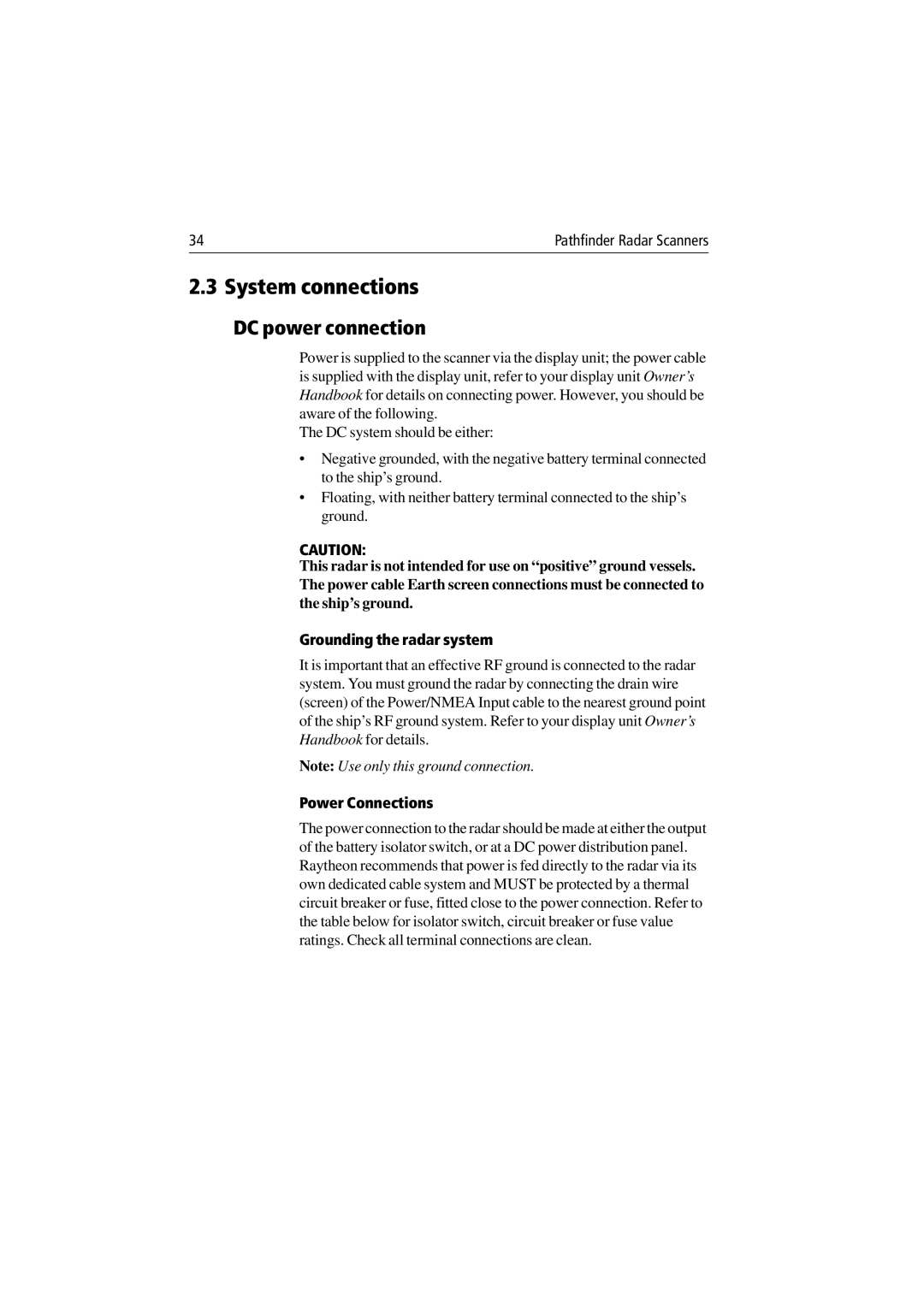 Raymarine Radar Scanner manual System connections, DC power connection, Grounding the radar system, Power Connections 