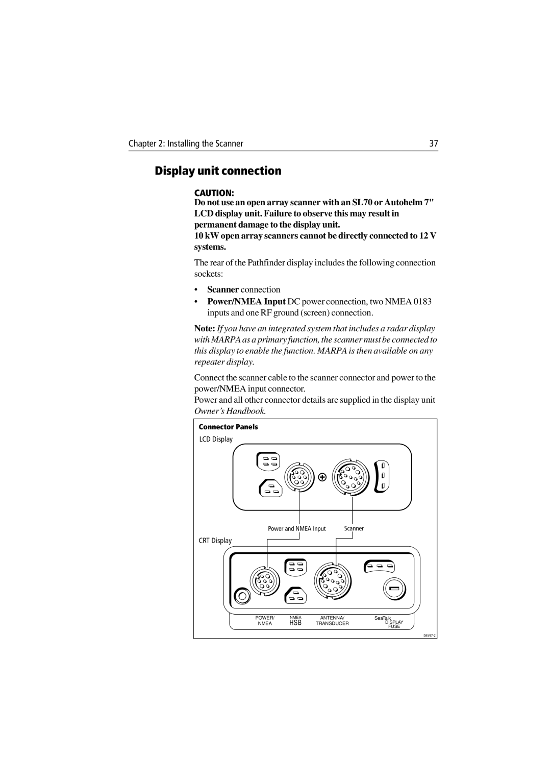 Raymarine Radar Scanner manual Display unit connection, Connector Panels 