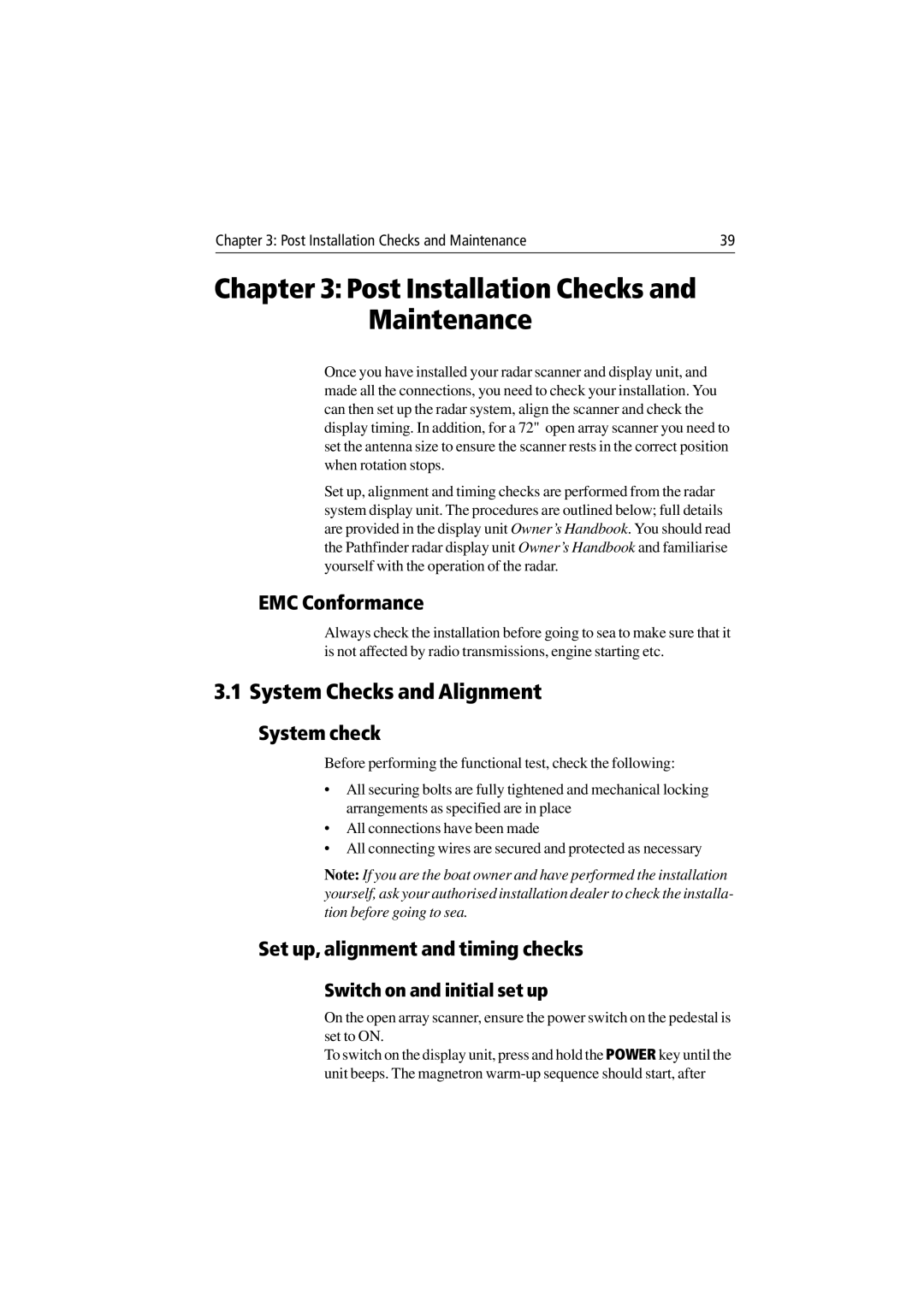 Raymarine Radar Scanner System Checks and Alignment, EMC Conformance, System check, Set up, alignment and timing checks 