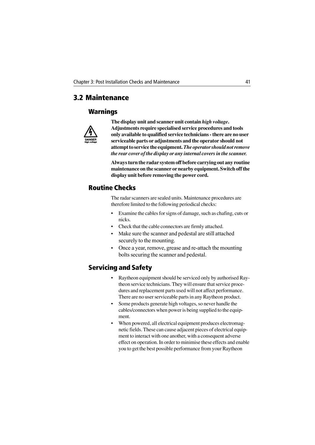 Raymarine Radar Scanner manual Maintenance, Routine Checks, Servicing and Safety 