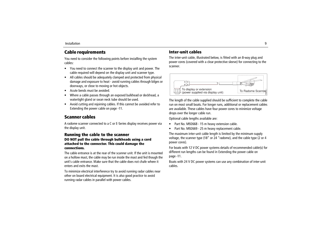 Raymarine Radome Scanners manual Cable requirements, Scanner cables, Running the cable to the scanner, Inter-unit cables 