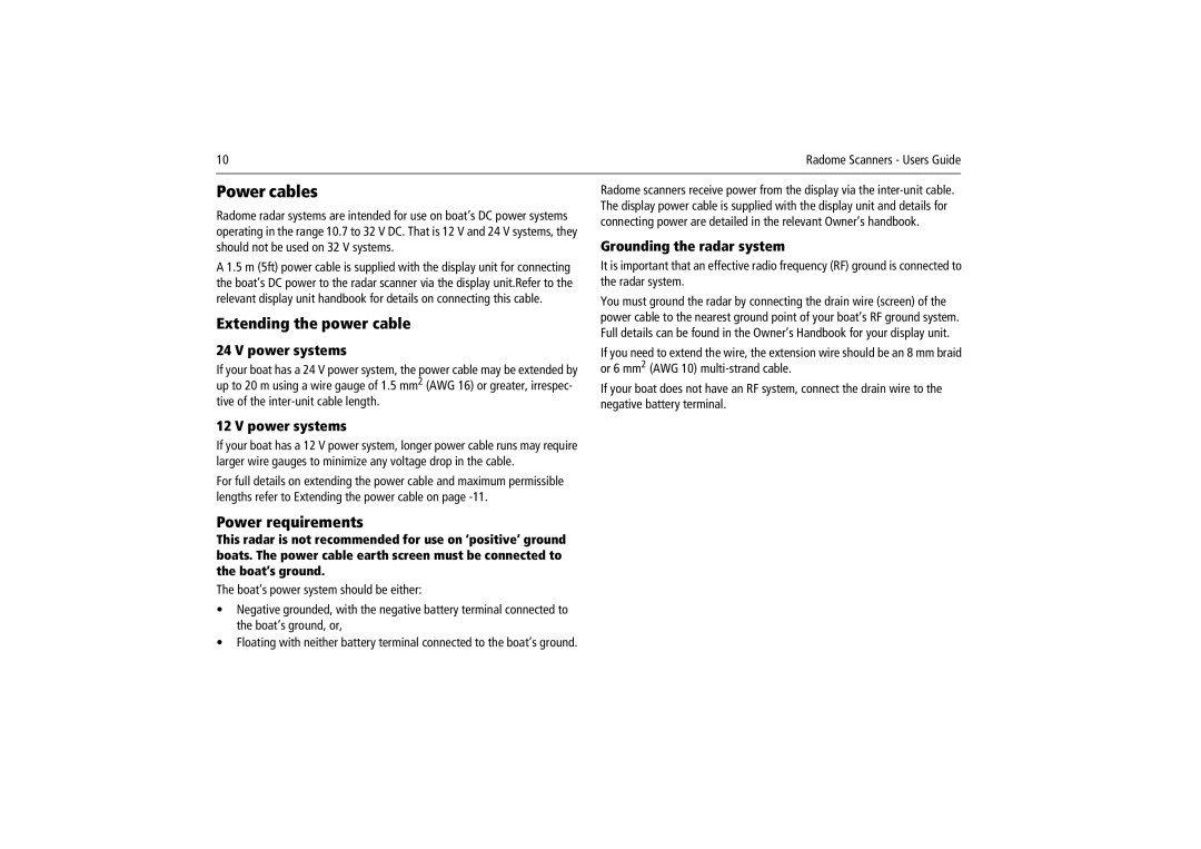 Raymarine Radome Scanners manual Power cables, Extending the power cable, Power requirements 