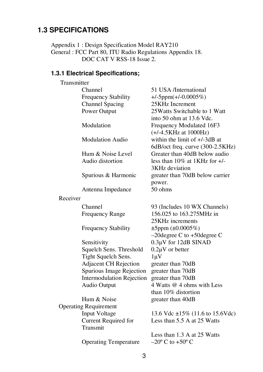 Raymarine RAY 210VHF operation manual Electrical Specifications 