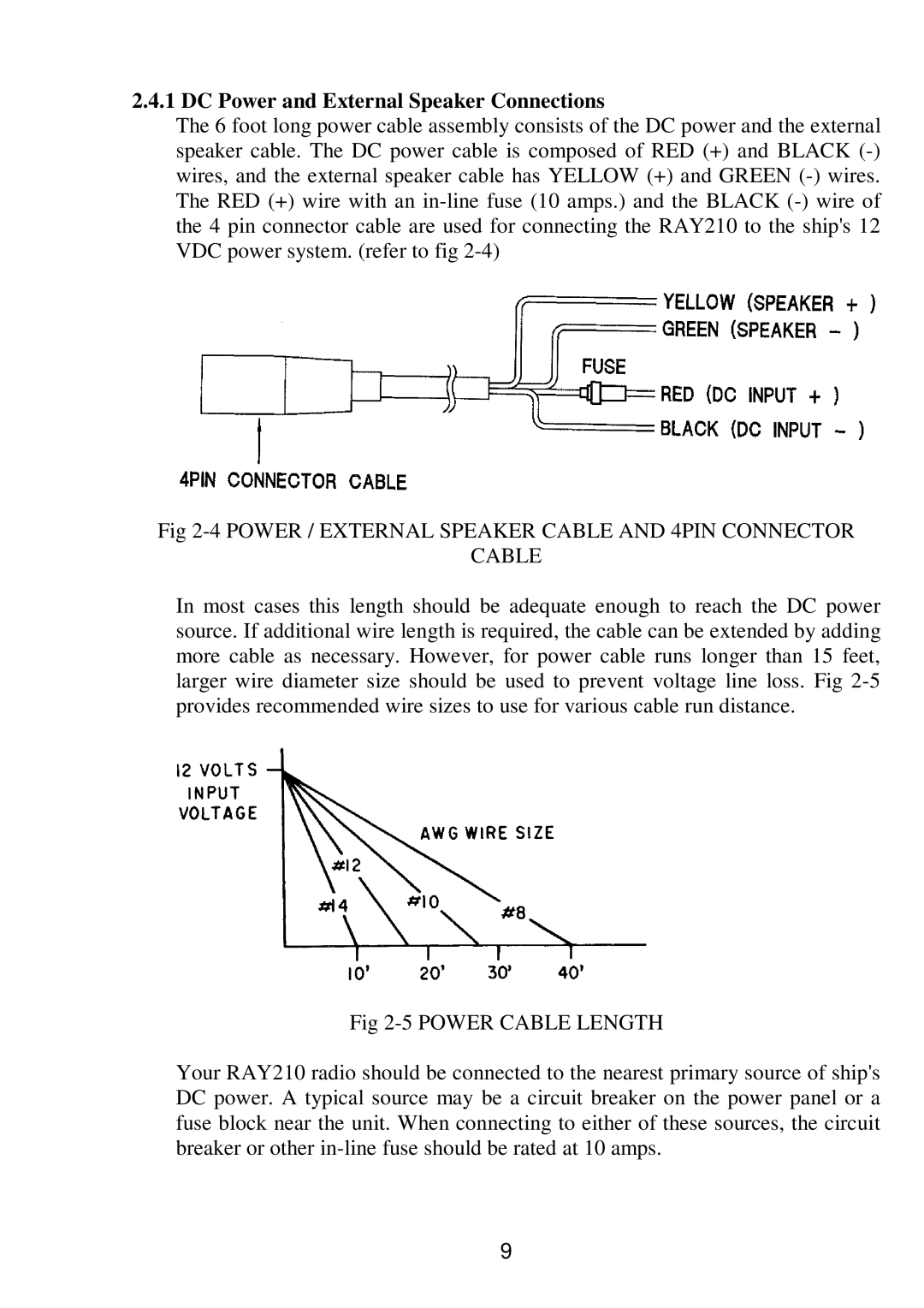 Raymarine RAY 210VHF operation manual DC Power and External Speaker Connections, Cable 