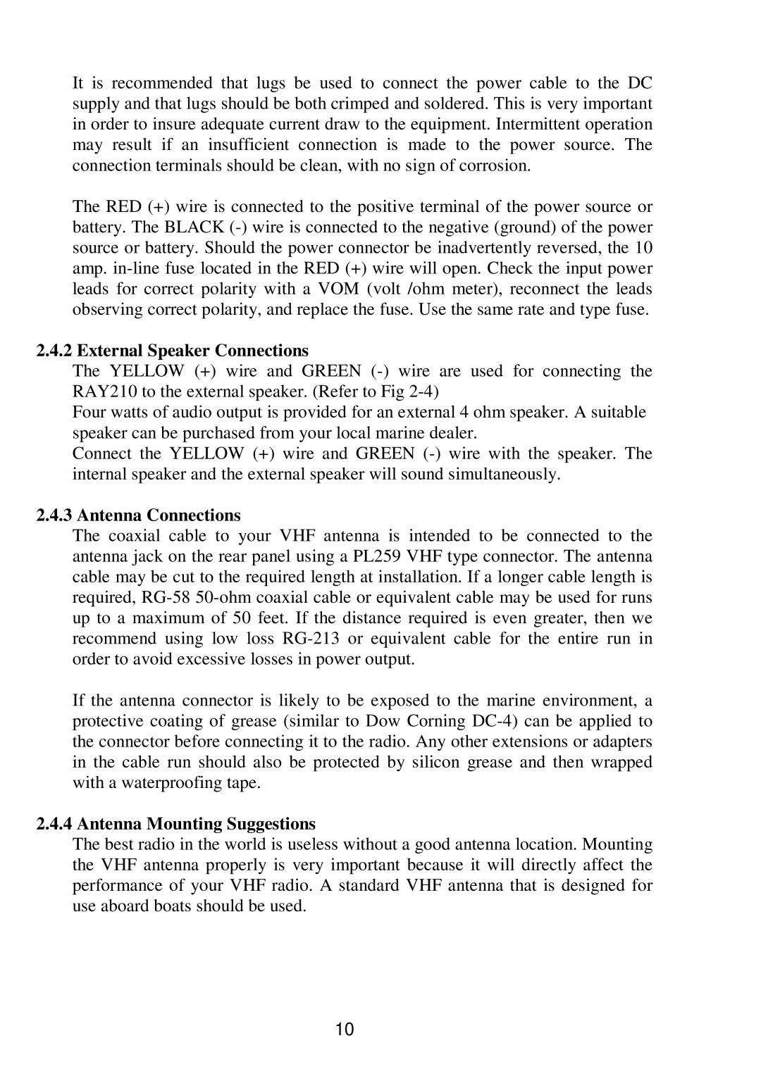 Raymarine RAY 210VHF operation manual External Speaker Connections, Antenna Connections, Antenna Mounting Suggestions 