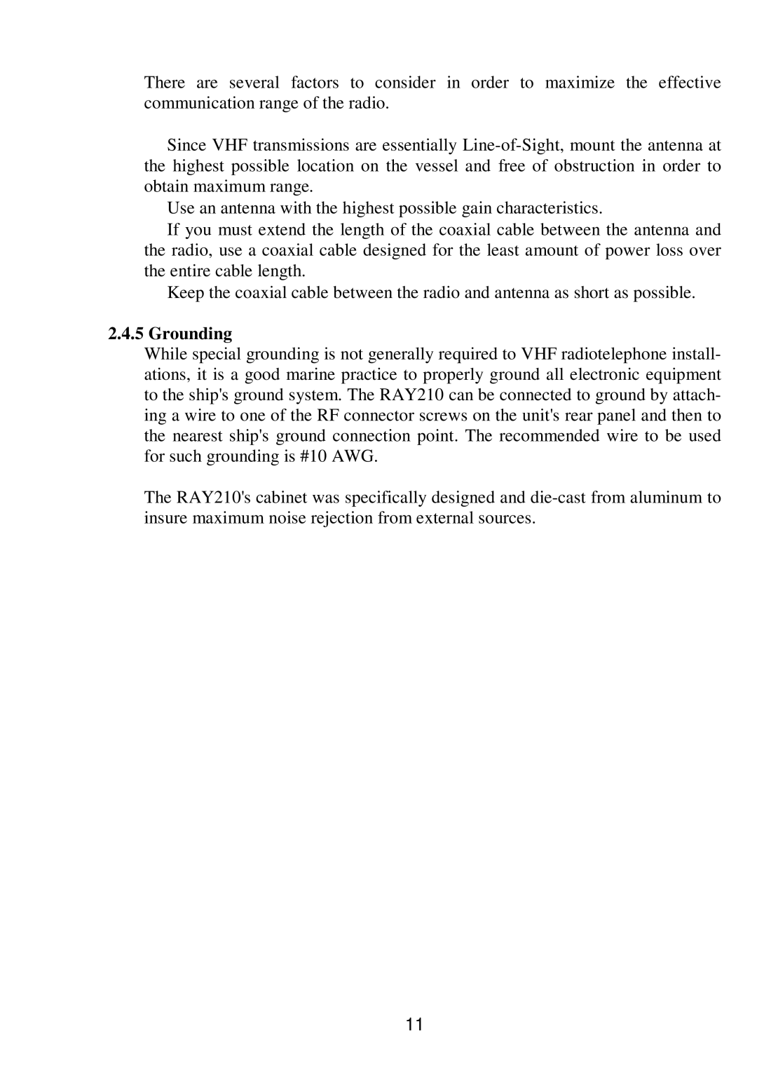 Raymarine RAY 210VHF operation manual Grounding 