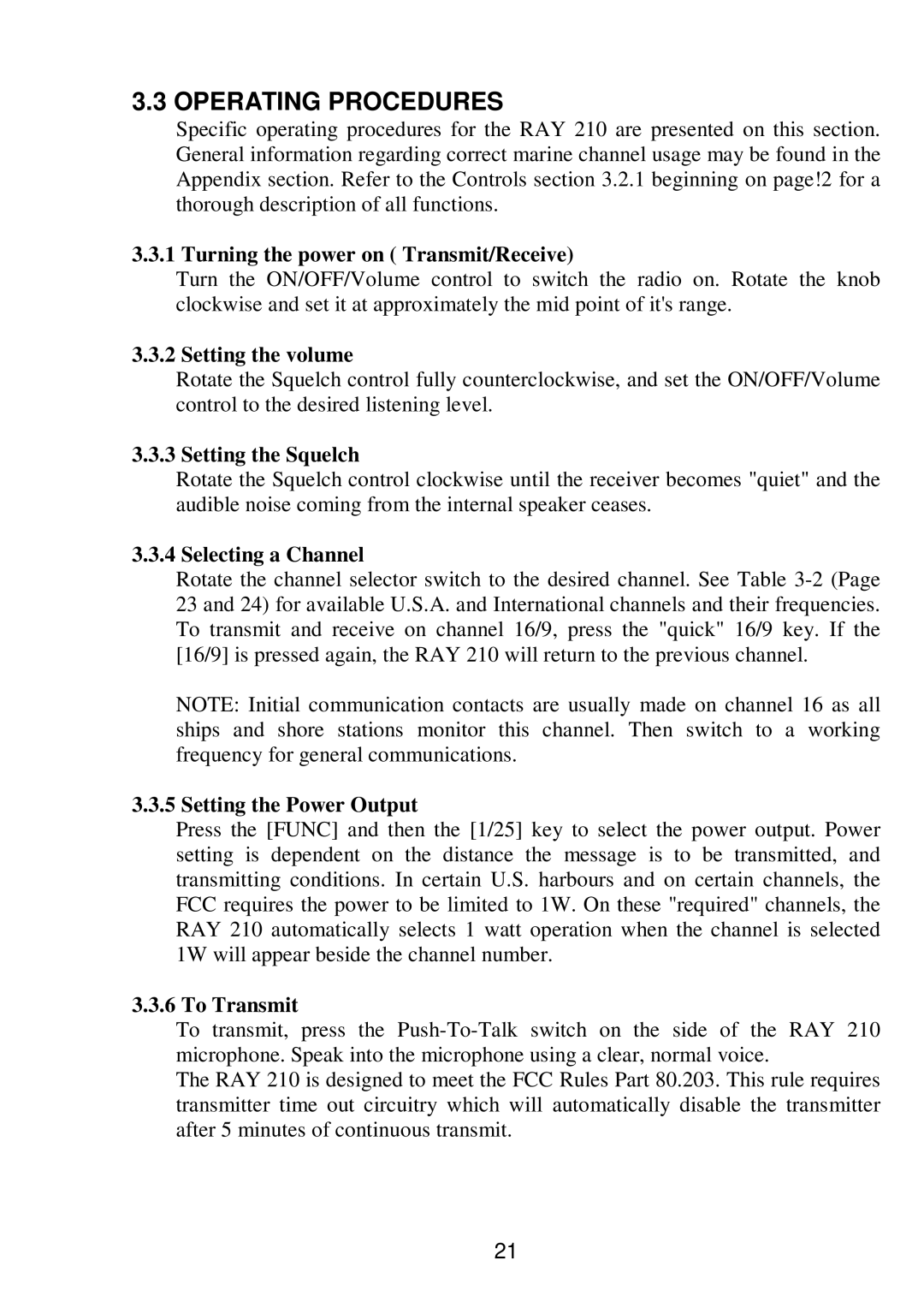 Raymarine RAY 210VHF operation manual Operating Procedures 