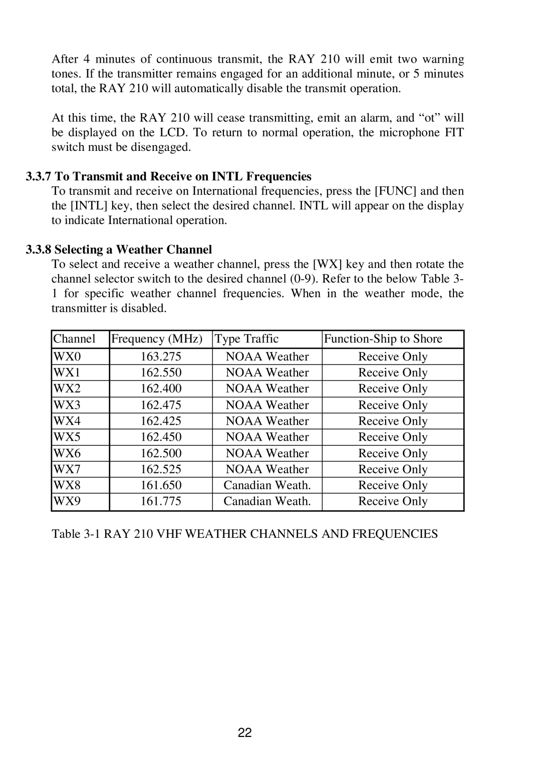 Raymarine RAY 210VHF operation manual To Transmit and Receive on Intl Frequencies, Selecting a Weather Channel 