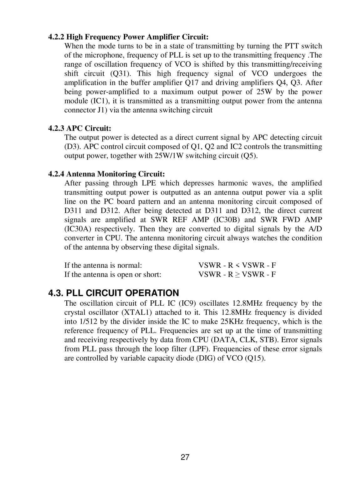 Raymarine RAY 210VHF operation manual PLL Circuit Operation, High Frequency Power Amplifier Circuit, APC Circuit 